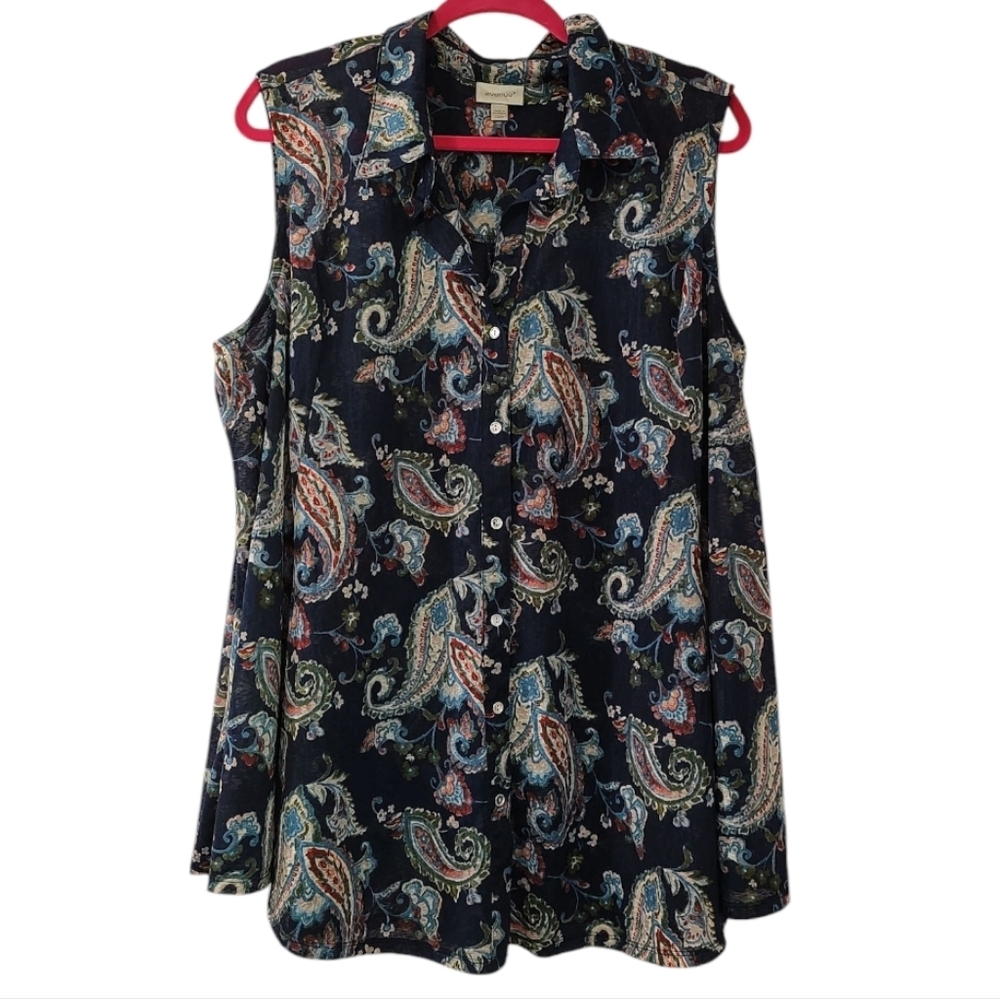 Avenue Paisley Sleeveless Semi Sheer Button Down Blouse Size 22/24